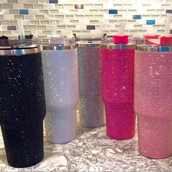 BLACK RHINESTONE 40oz TUMBLER WITH HANDLE- BLING CUP - Picture 9 of 9